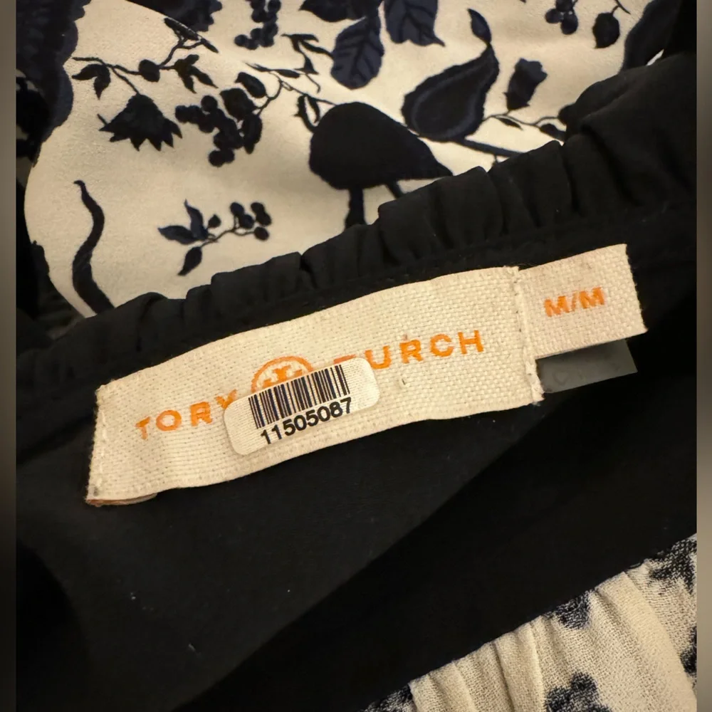 Tory Burch Floral Viscose and Silk Inky Blooms navy white Ruffle Blouse‎ M